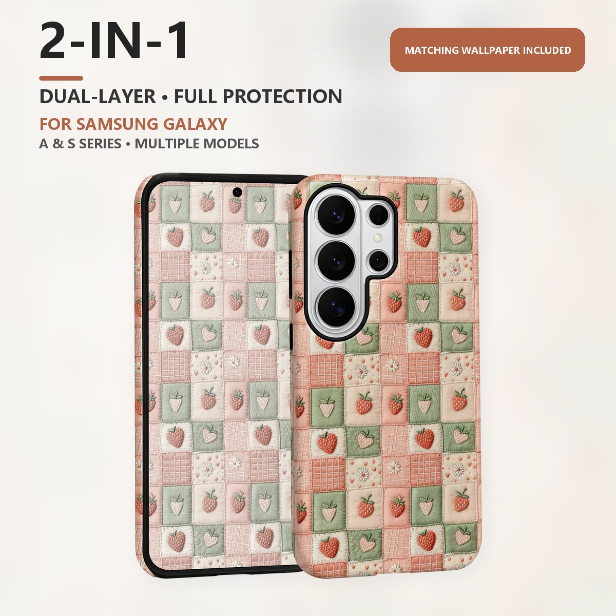 Samsung Galaxy S24 - Geborduurde aardbeienpatchwork 2-in-1 telefoonhoes met dubbele