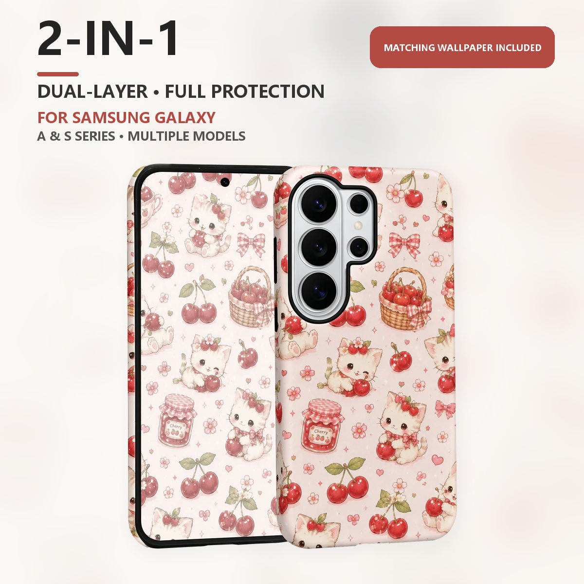 Samsung Galaxy S24 - Schattig Kitten Kersenpatroon 2-in-1 Dubbellaagse Telefoonhoes